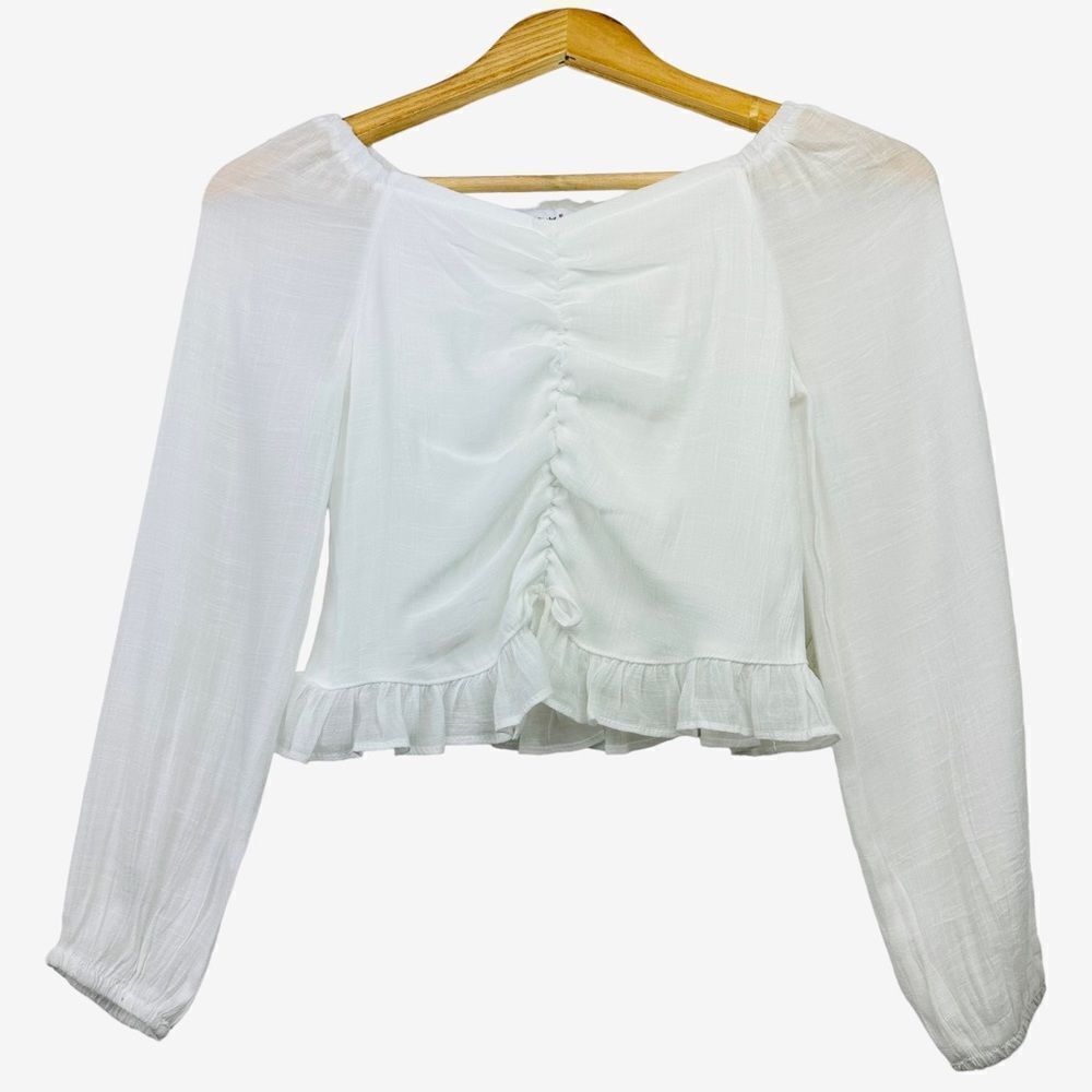 Knit Works Cottagecore White Ruched Ruffle Trim Crop Top